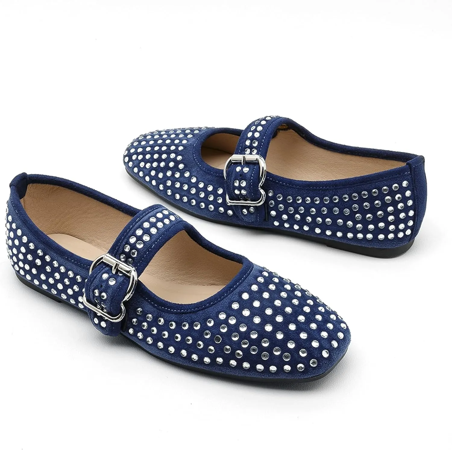 ADAMUMU Rhinestone Flats for Women Sparkly Crystals Ballerina Shoes Crystals Sparkly Mary Jane Flats Round Toe Buckle Strap Design Comfortable and Non Slip Sole Flat for Daily Wear and Work