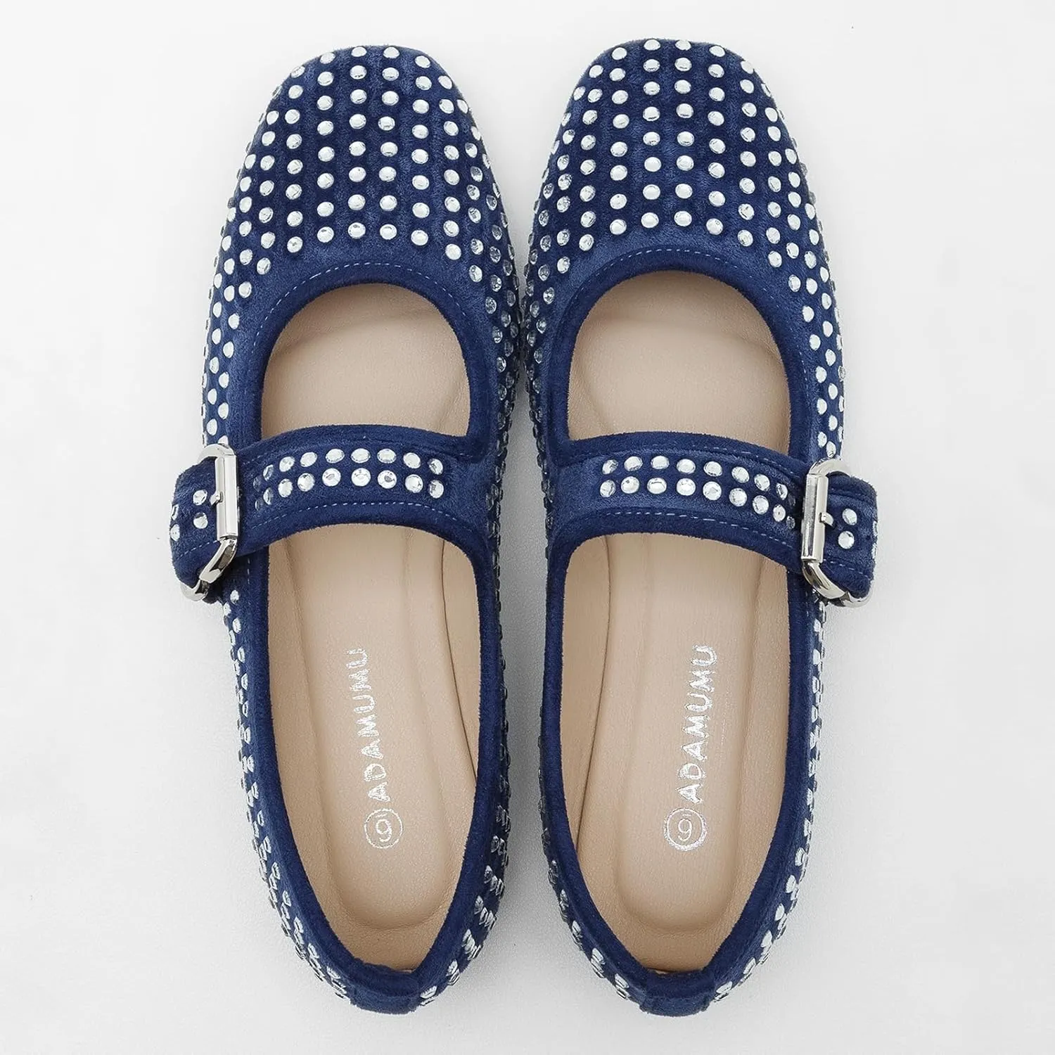 ADAMUMU Rhinestone Flats for Women Sparkly Crystals Ballerina Shoes Crystals Sparkly Mary Jane Flats Round Toe Buckle Strap Design Comfortable and Non Slip Sole Flat for Daily Wear and Work