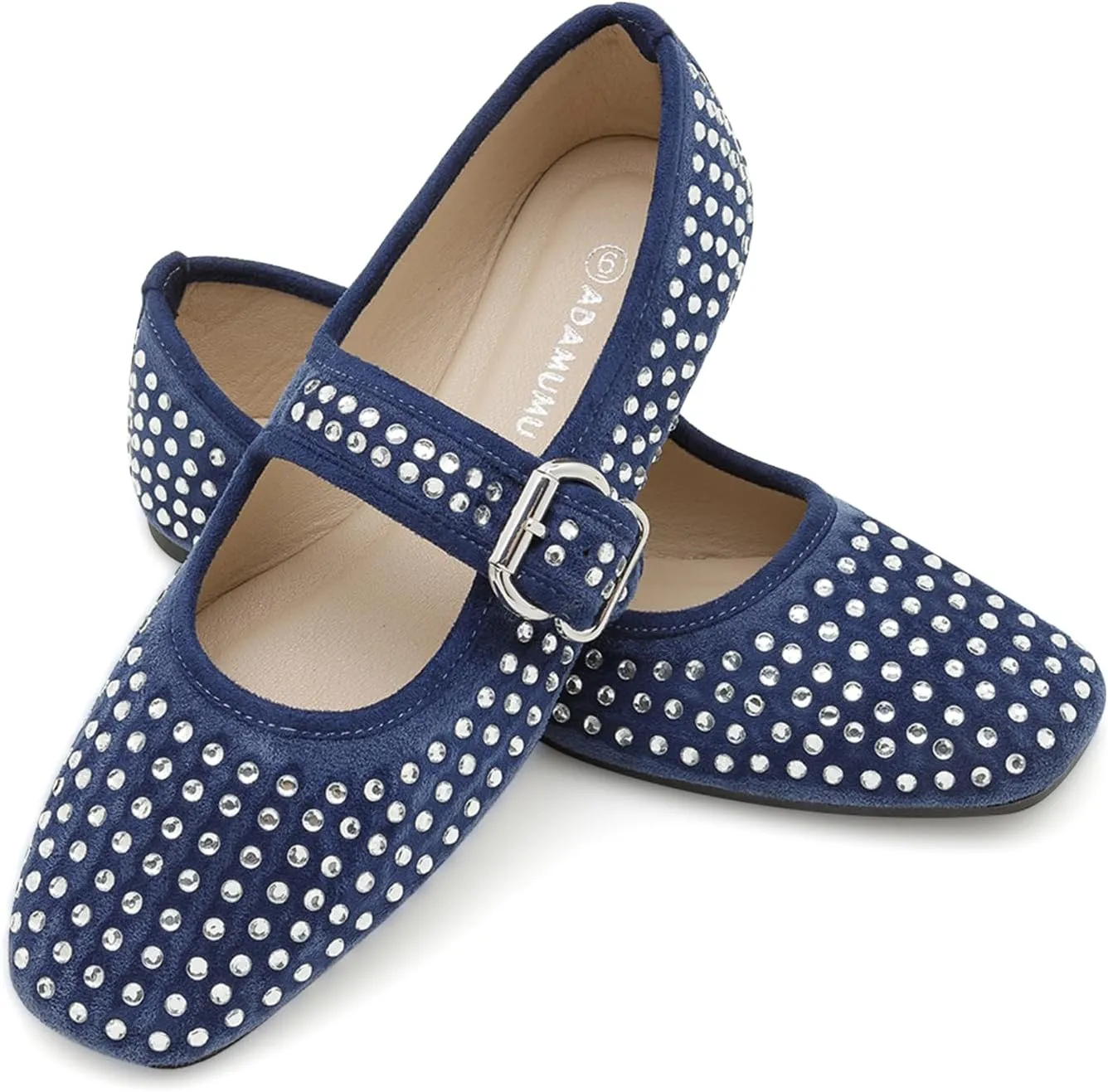 ADAMUMU Rhinestone Flats for Women Sparkly Crystals Ballerina Shoes Crystals Sparkly Mary Jane Flats Round Toe Buckle Strap Design Comfortable and Non Slip Sole Flat for Daily Wear and Work