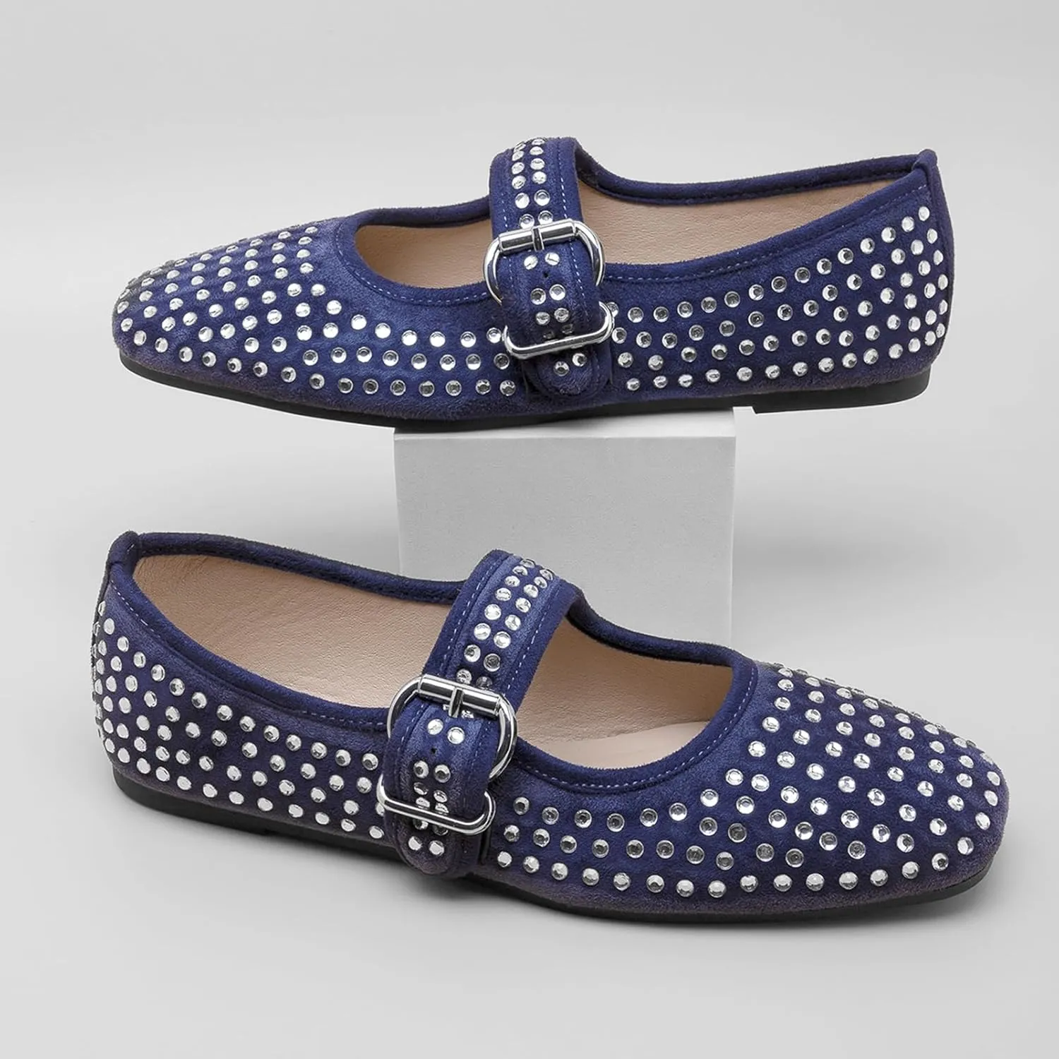 ADAMUMU Rhinestone Flats for Women Sparkly Crystals Ballerina Shoes Crystals Sparkly Mary Jane Flats Round Toe Buckle Strap Design Comfortable and Non Slip Sole Flat for Daily Wear and Work