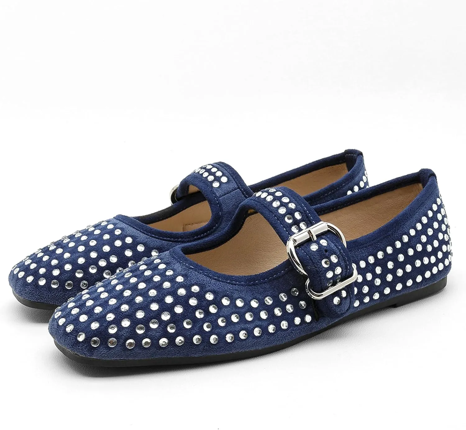 ADAMUMU Rhinestone Flats for Women Sparkly Crystals Ballerina Shoes Crystals Sparkly Mary Jane Flats Round Toe Buckle Strap Design Comfortable and Non Slip Sole Flat for Daily Wear and Work