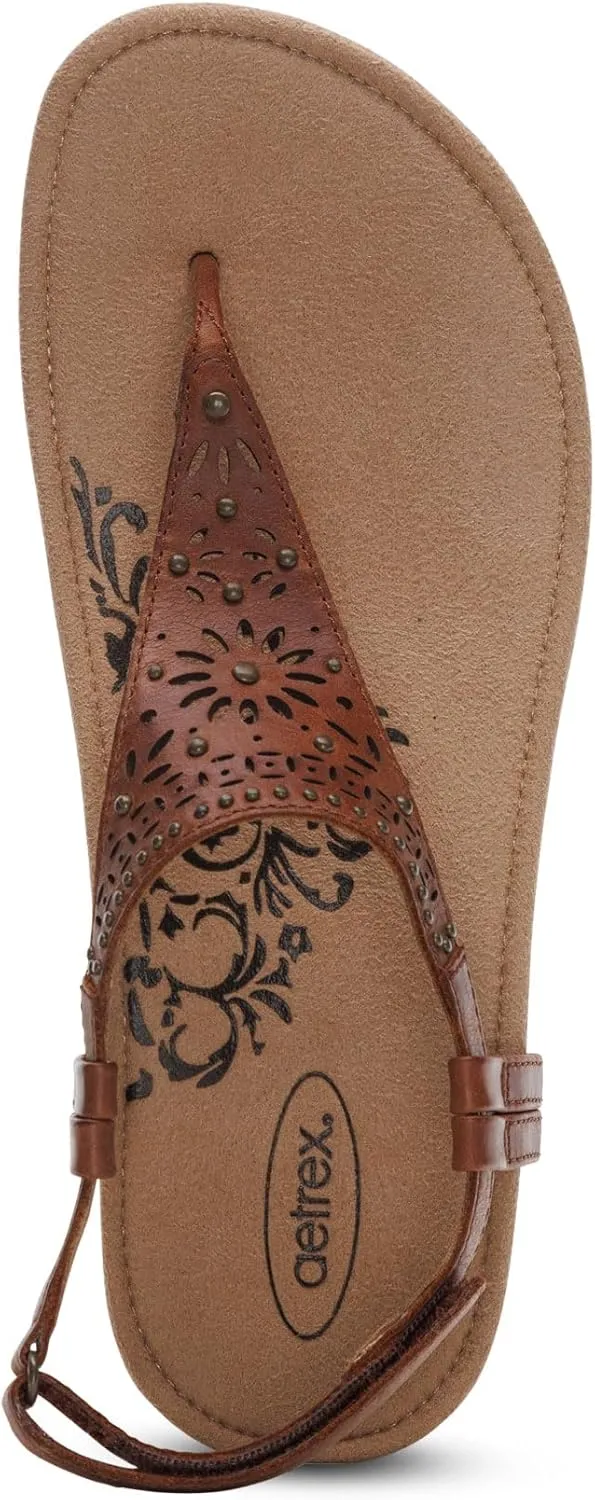 Aetrex Evelyn Casual Leather Thong Sandals for Women - Plantar Fasciitis Relief Flats Arch Support Sandals Women's with Fully Adjustable Back Strap