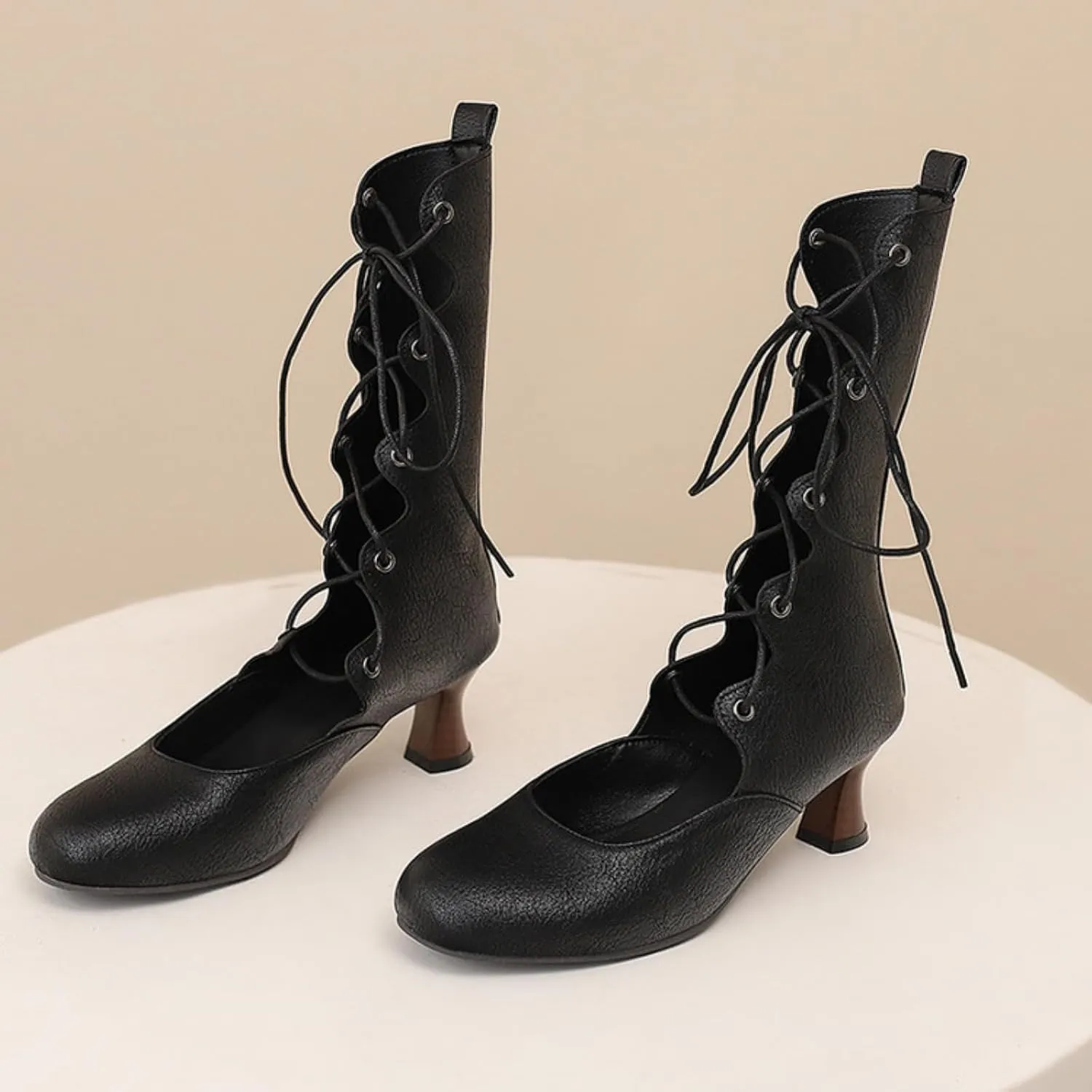 Aflngle Women's Round Closed Toe Kitten Low Chunky Heels Mid Calf Boots Classic Vintage Lace-Up Hollow Out Gothic Victorian Witch Booties