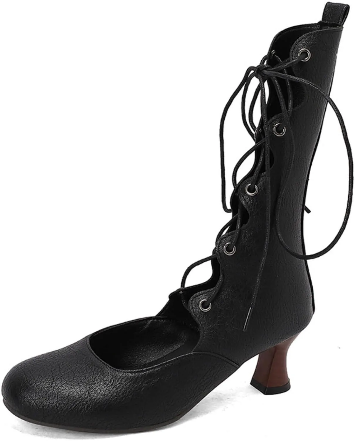 Aflngle Women's Round Closed Toe Kitten Low Chunky Heels Mid Calf Boots Classic Vintage Lace-Up Hollow Out Gothic Victorian Witch Booties