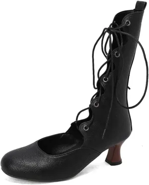 Aflngle Women's Round Closed Toe Kitten Low Chunky Heels Mid Calf Boots Classic Vintage Lace-Up Hollow Out Gothic Victorian Witch Booties