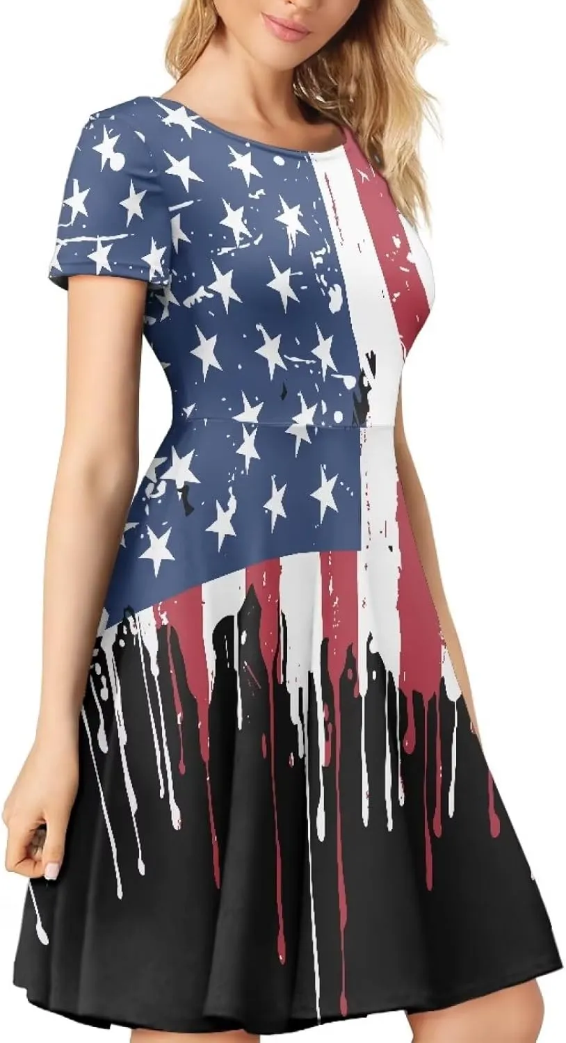 AFPANQZ Womens Casual Summer Lightweight Vintage Dress Short Sleeve Midi Dress Knee-Long Luxury Formal Dress