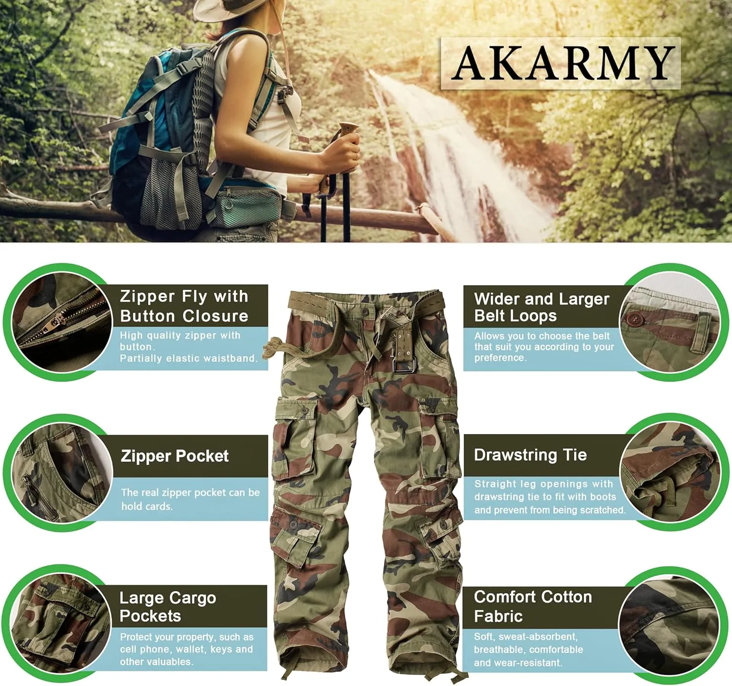 AKARMY Women's Cotton Casual Work Pants Camouflage Cargo Pants Parachute Pants for Women with Pockets