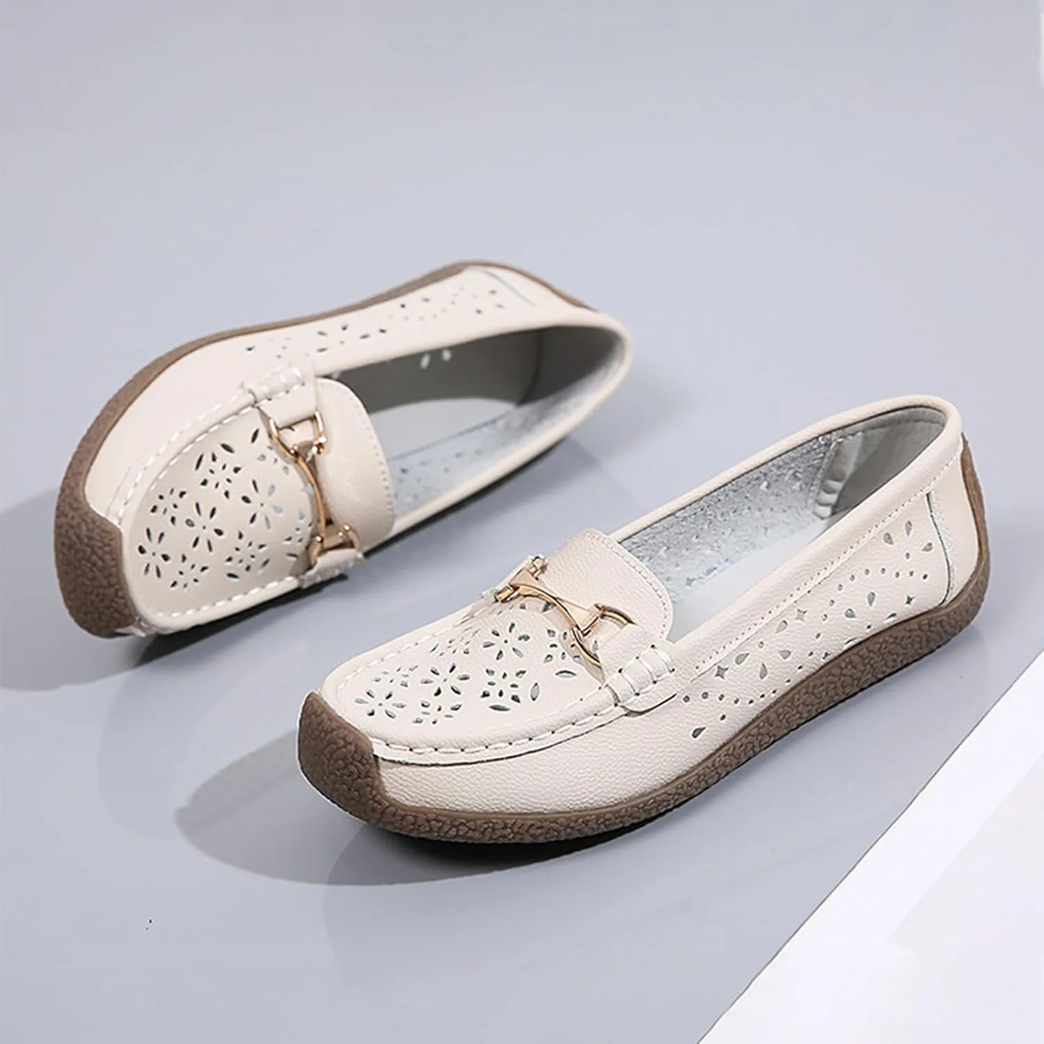 AngryMonkey Women Leather Penny Loafers Driving Moccasins Boat Shoes,Casual Comfort Non Slip Breathable Hollow Out Slip On Loafers Walking Flat Shoes