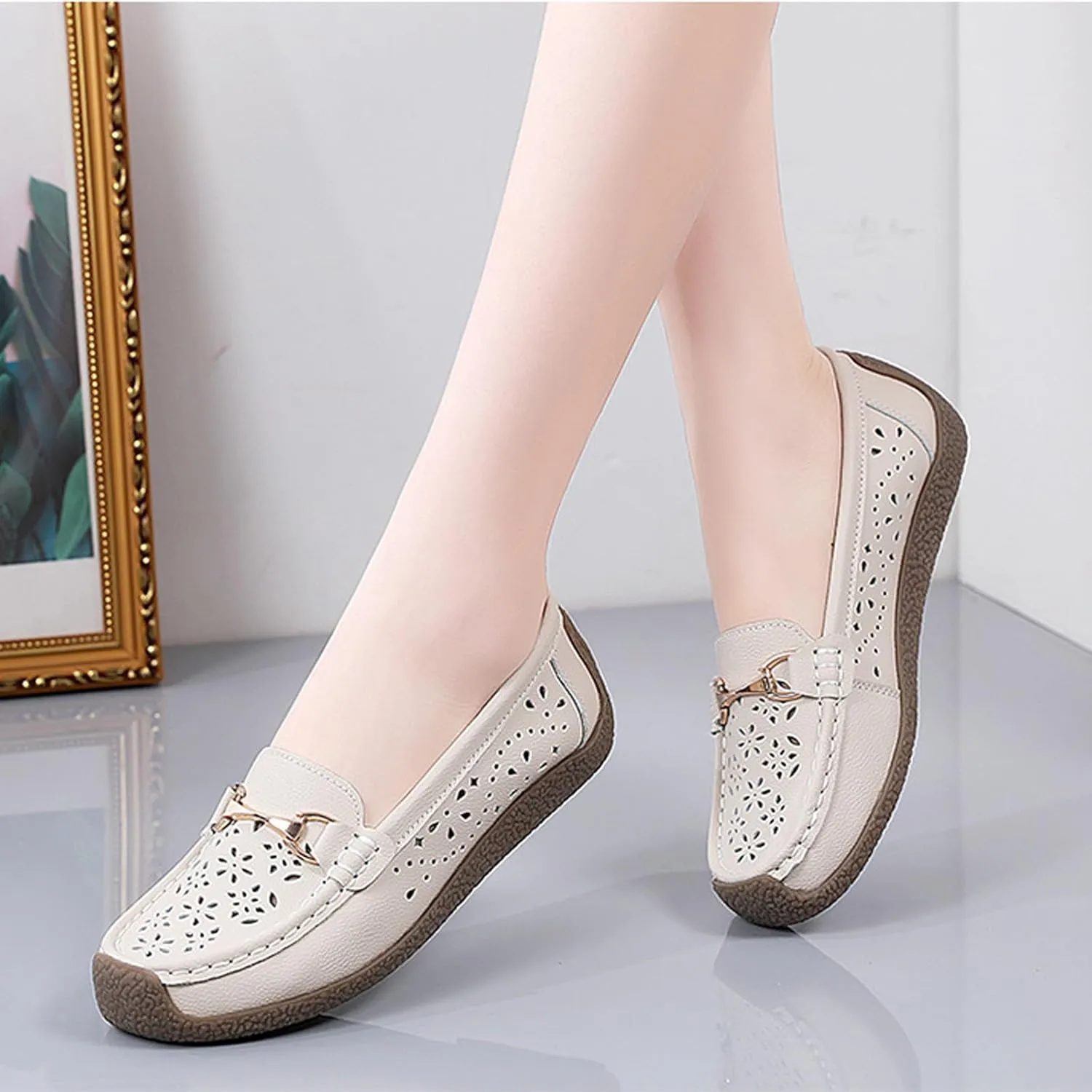 AngryMonkey Women Leather Penny Loafers Driving Moccasins Boat Shoes,Casual Comfort Non Slip Breathable Hollow Out Slip On Loafers Walking Flat Shoes