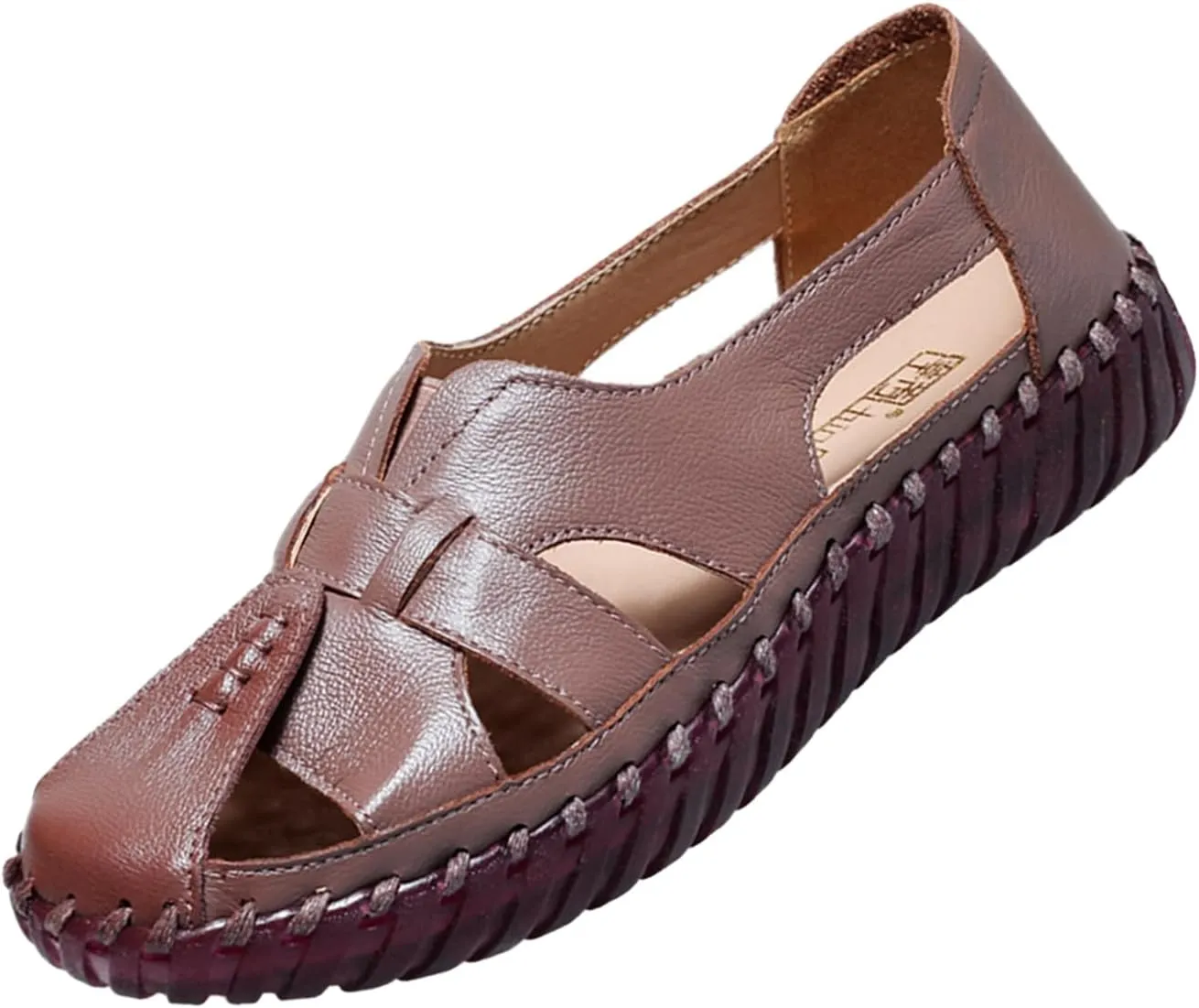 AngryMonkey Women's Casual Slip On Loafers,Comfort Closed Toe Hand-stitching Woven Cutout Leather Oxford Softsole Walking Sandals