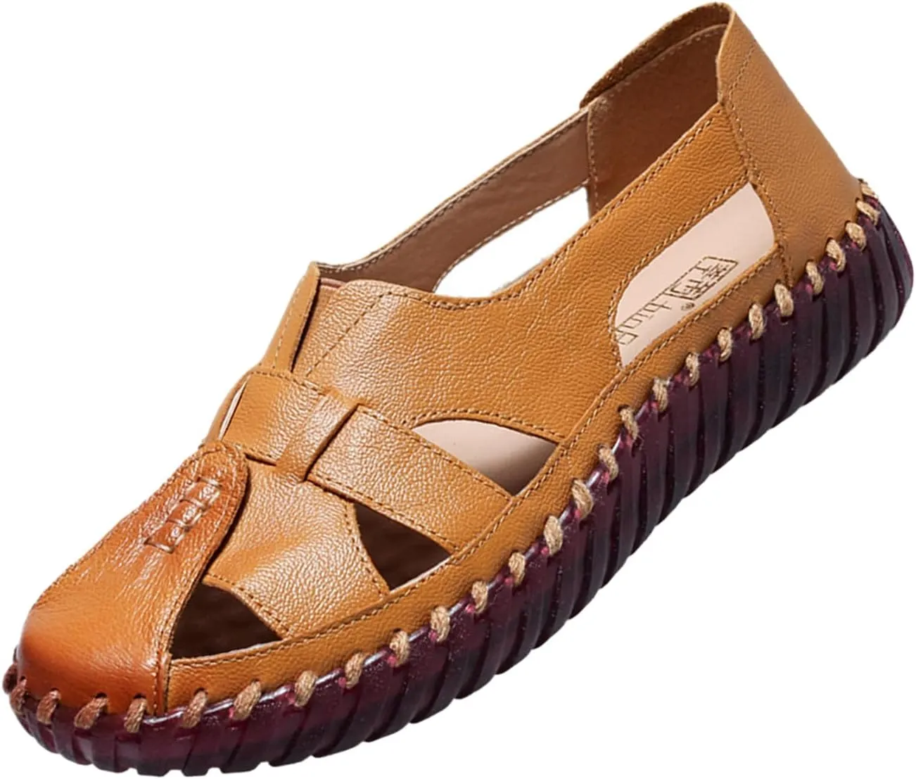 AngryMonkey Women's Casual Slip On Loafers,Comfort Closed Toe Hand-stitching Woven Cutout Leather Oxford Softsole Walking Sandals