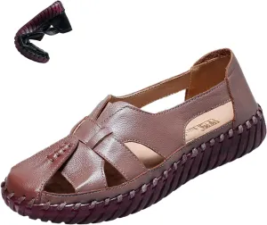 AngryMonkey Women's Casual Slip On Loafers,Comfort Closed Toe Hand-stitching Woven Cutout Leather Oxford Softsole Walking Sandals