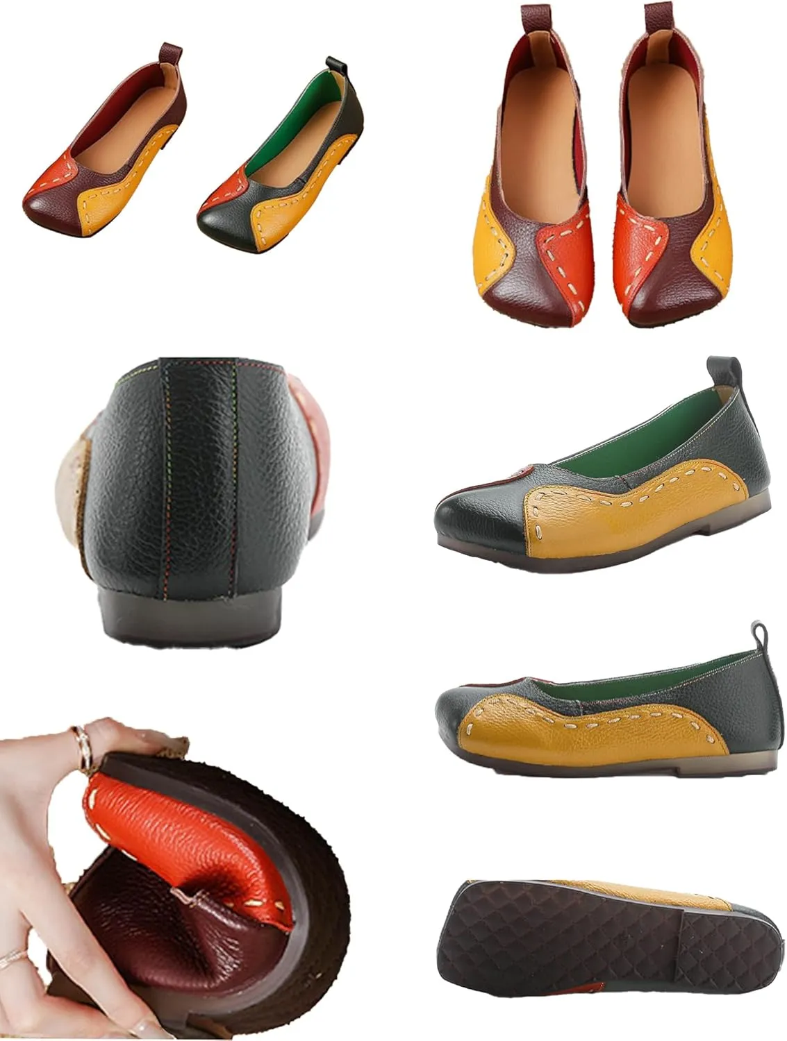 AngryMonkey Women's Square Toe Leather Colorblock Flats,Lightweight Comfy Low Heel Ox Softsole Slip On Casual Dress Ballet Shoes
