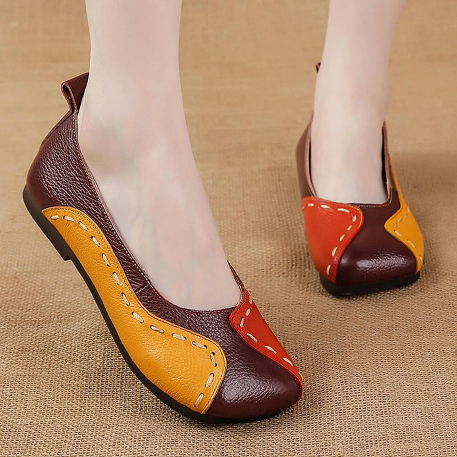 AngryMonkey Women's Square Toe Leather Colorblock Flats,Lightweight Comfy Low Heel Ox Softsole Slip On Casual Dress Ballet Shoes
