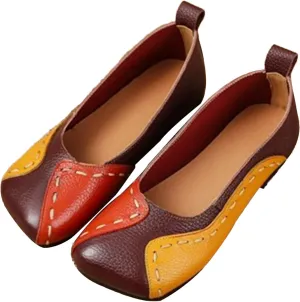 AngryMonkey Women's Square Toe Leather Colorblock Flats,Lightweight Comfy Low Heel Ox Softsole Slip On Casual Dress Ballet Shoes