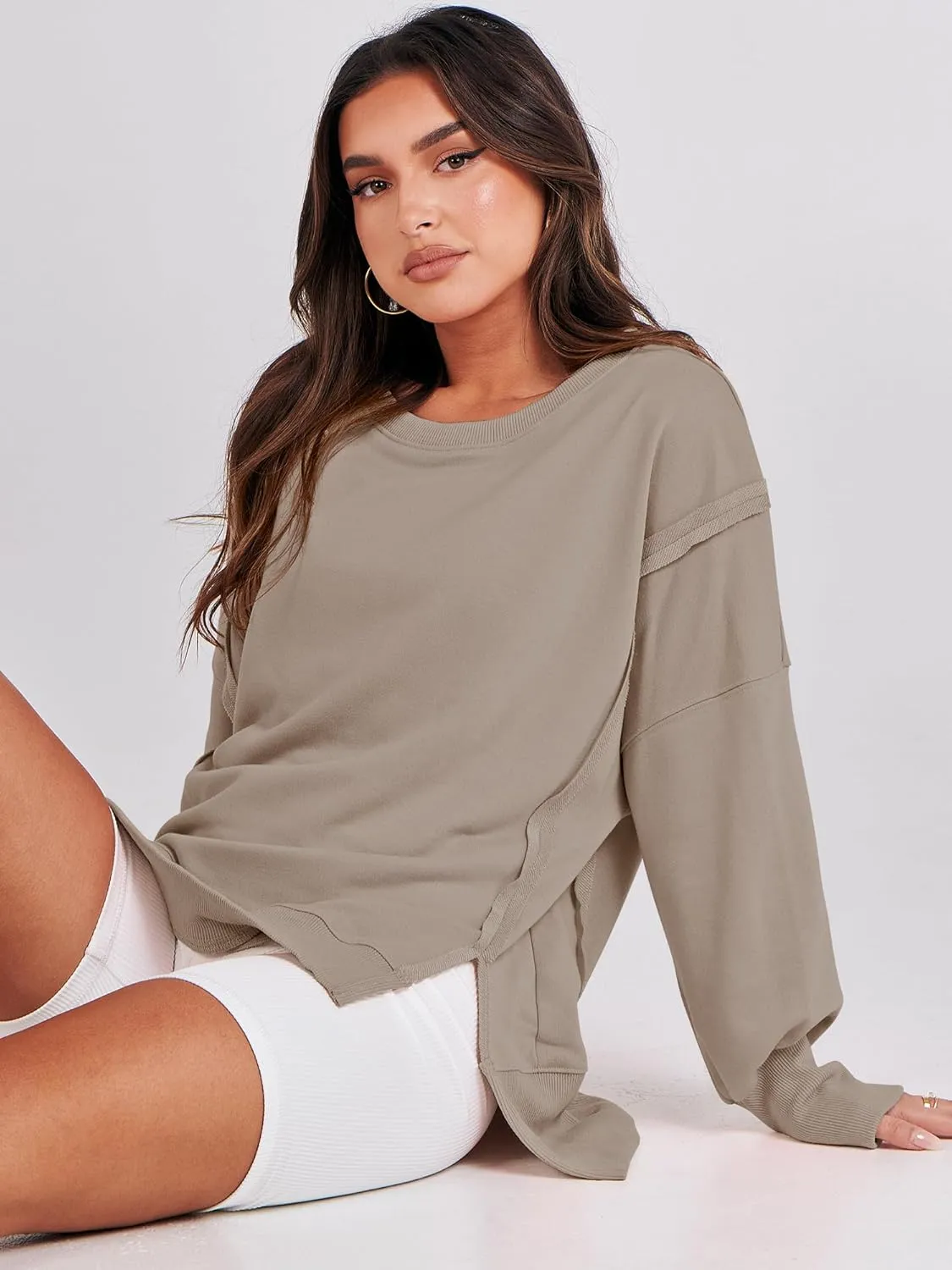 ANRABESS Women's Oversized Sweatshirts Crew Neck Long Sleeve Shirts Casual Loose Slit 2025 Fall Clothes