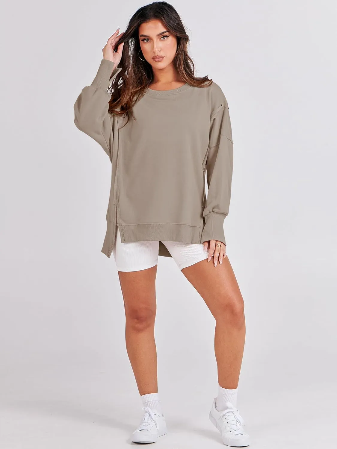 ANRABESS Women's Oversized Sweatshirts Crew Neck Long Sleeve Shirts Casual Loose Slit 2025 Fall Clothes