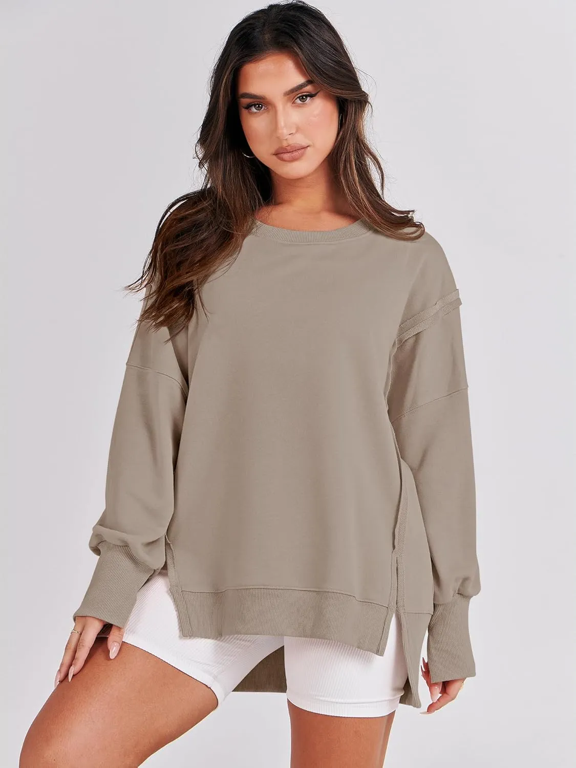 ANRABESS Women's Oversized Sweatshirts Crew Neck Long Sleeve Shirts Casual Loose Slit 2025 Fall Clothes