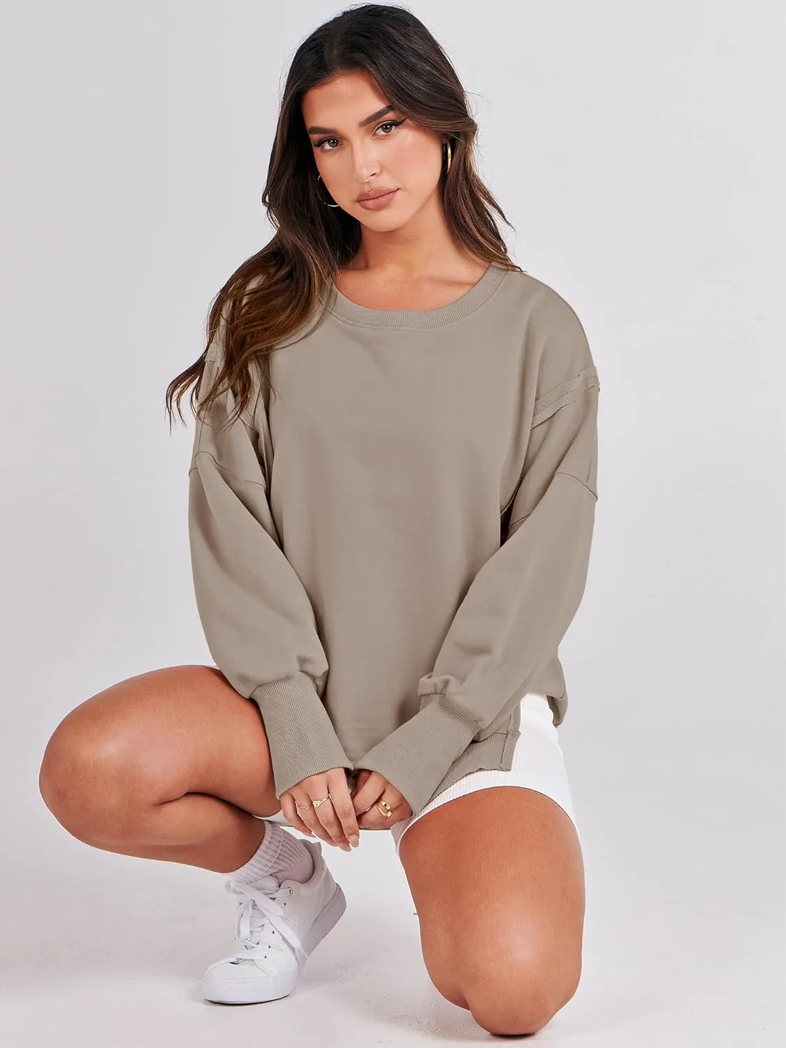 ANRABESS Women's Oversized Sweatshirts Crew Neck Long Sleeve Shirts Casual Loose Slit 2025 Fall Clothes