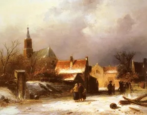 ARTSLSBS vintage Painting Wall Art Pictures Decoration Figures on a Snow Covered Path with a Dutch Town beyond Charles Henri Leickert Abstract Picture for Home Decor 60x90cm