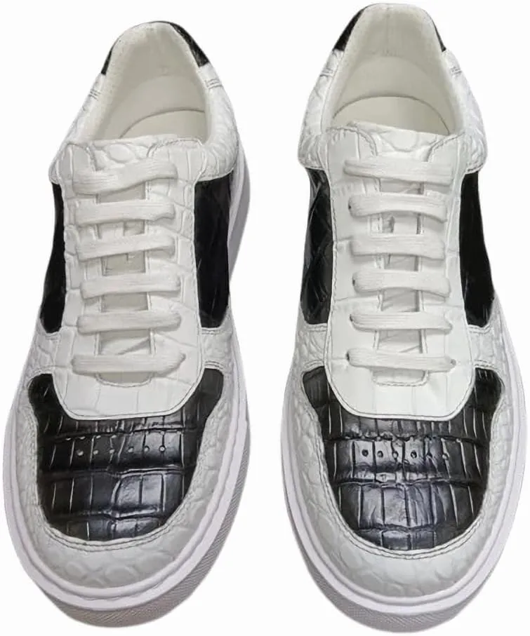 Authentic Real Cow Skin All-Match Black White Male Casual Board Shoes Genuine Alligator Leather Men's Lace-up Walking Sneakers