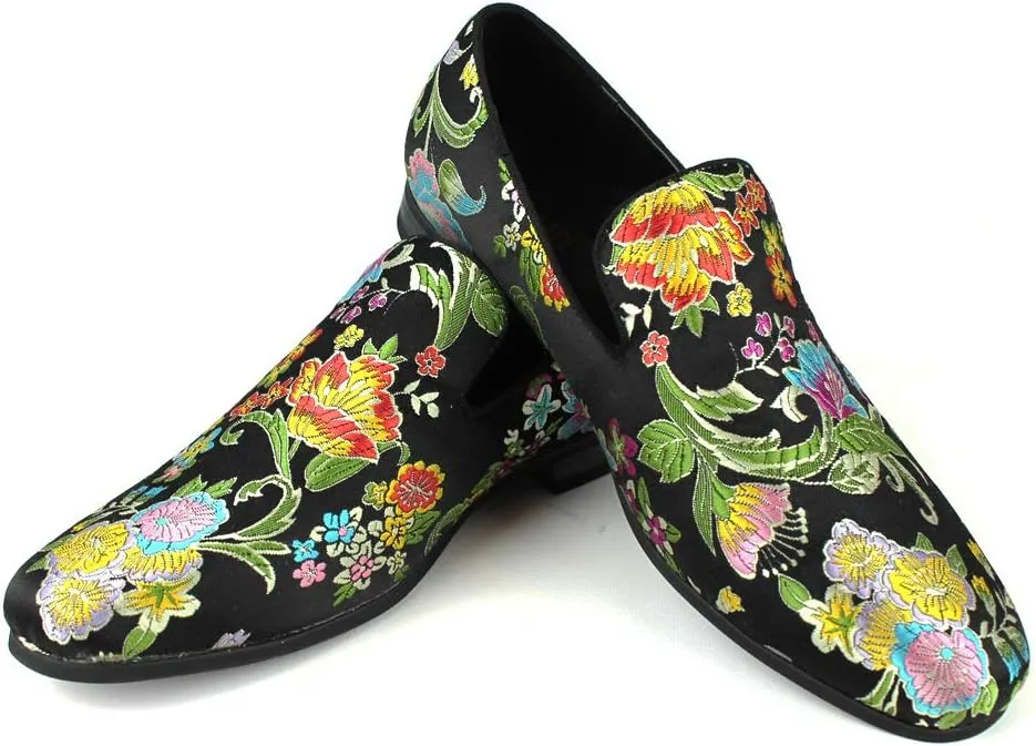 AZAR MAN Men's Slip On Multi Color Floral Print Stitching Dress Shoes Loafers