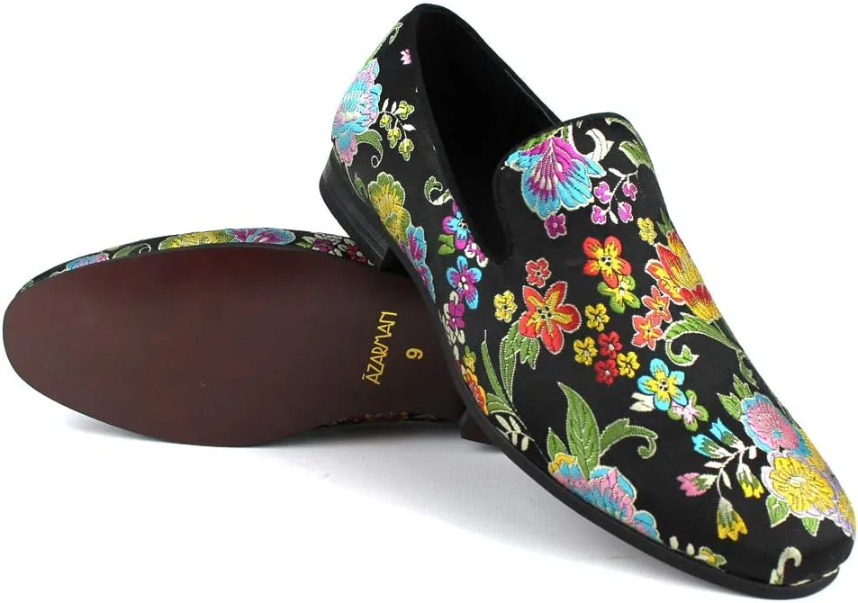AZAR MAN Men's Slip On Multi Color Floral Print Stitching Dress Shoes Loafers