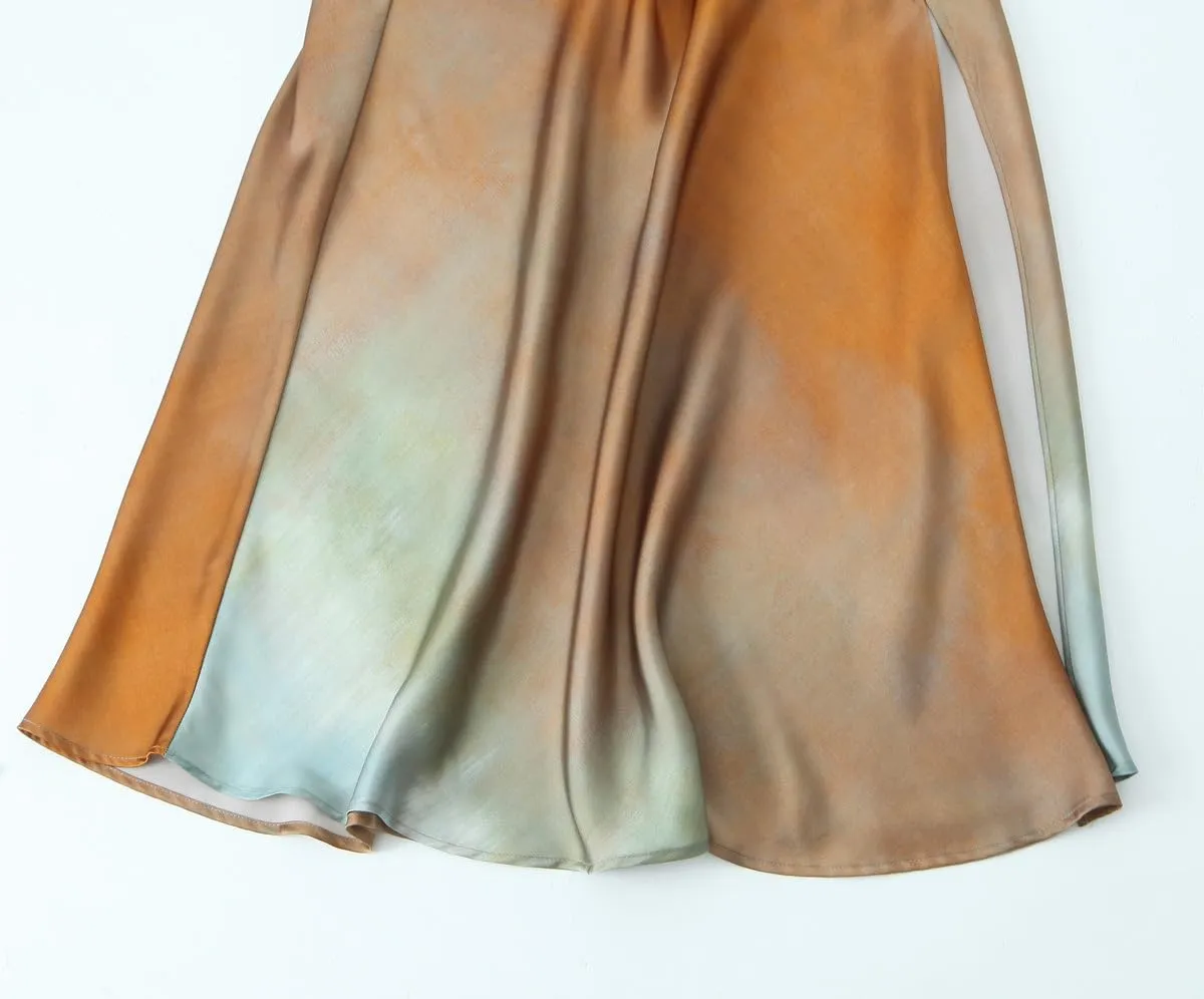 BAIMORE Women's Elegant Cowl Neck Tie Dye Sleeveless Ruched Side Party Midi Dress