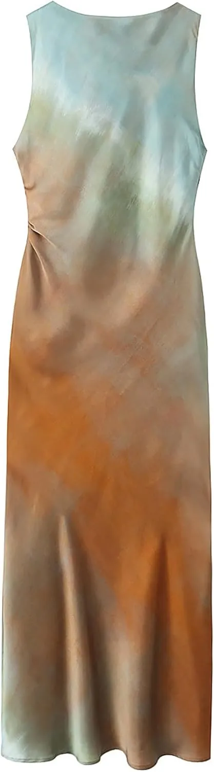 BAIMORE Women's Elegant Cowl Neck Tie Dye Sleeveless Ruched Side Party Midi Dress