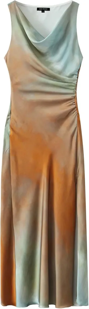 BAIMORE Women's Elegant Cowl Neck Tie Dye Sleeveless Ruched Side Party Midi Dress