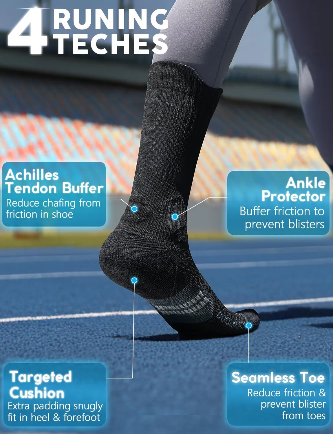 Bamboo Viscose Compression Running Crew Socks, Coolmax Moisture-Wicking Anti-Blister Hiking&Gym Athletic Socks