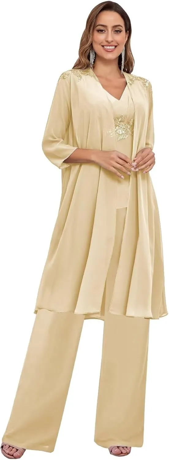 BANTRATIC 3 Pieces Mother of The Bride Pantsuits with Jacket for Wedding 3/4 Sleeve Formal Evening Prom Dressy Pants Outfit