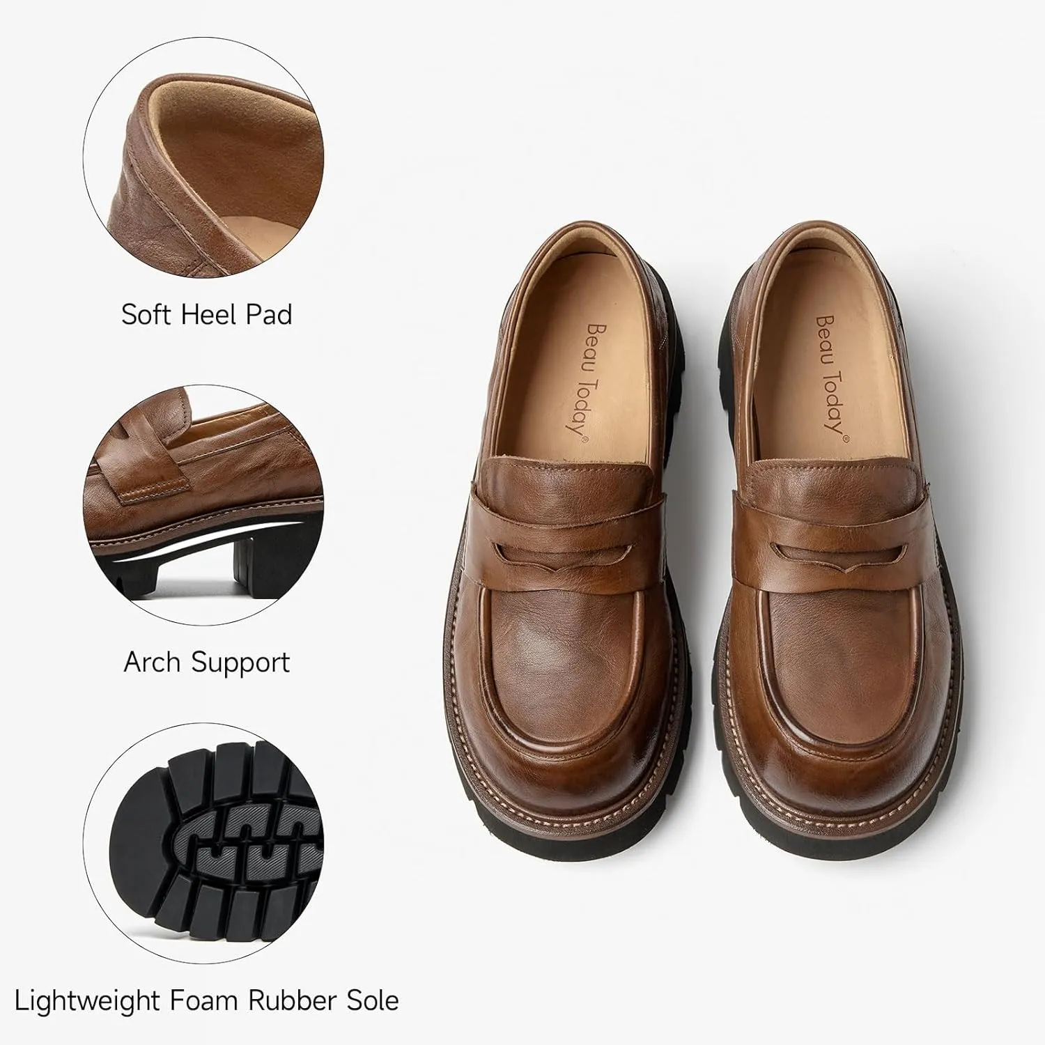 BEAU TODAY Platform Loafers for Women, Women’s Chunky Leather Loafers, Slip-on Lug Sole Penny Loafers Comfortable Business Casual Office Non Slip Round Toe Ladies Dress Shoes