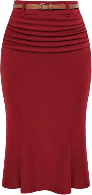 Belle Poque Women's Bodycon Pencil Skirt with Belt Knee Length 1950s Vintage Work Business Skirts