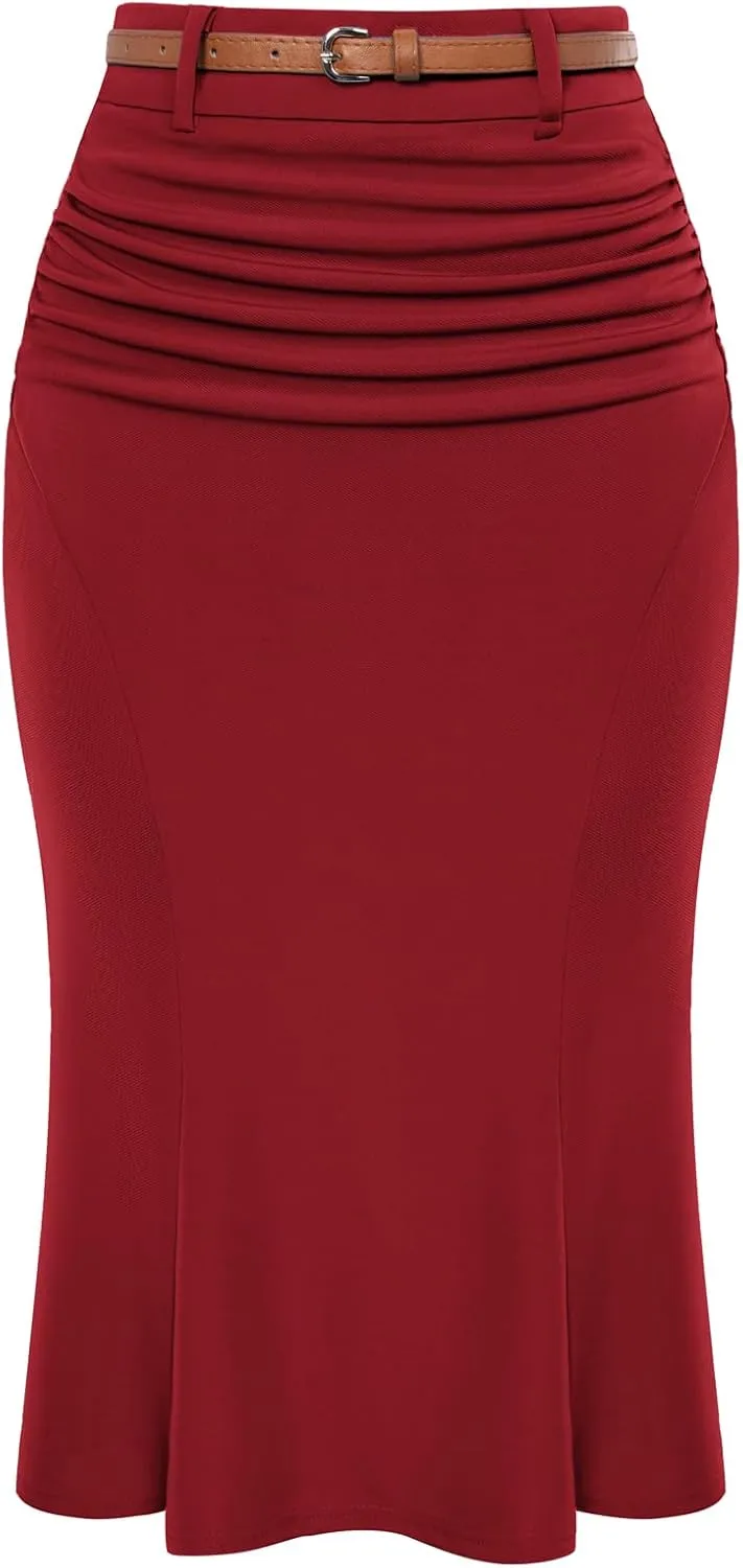 Belle Poque Women's Bodycon Pencil Skirt with Belt Knee Length 1950s Vintage Work Business Skirts