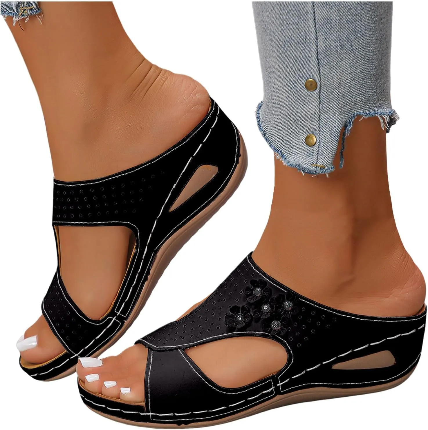 Black Wedge Sandals for Women Women's Orthopedic Arch Support Wedge Sandals, Casual Platform Slip On Open Toe Slides