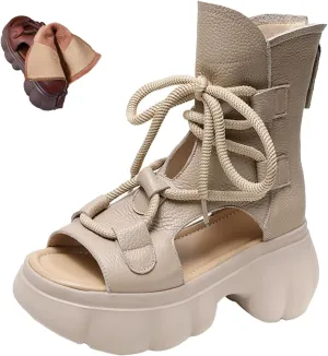 BlackeEight Women's High Top Leather Sandals Open Toe Boot,Summer Vintage Comfort Muffin Platform Zip Dress Short Ankle Booties
