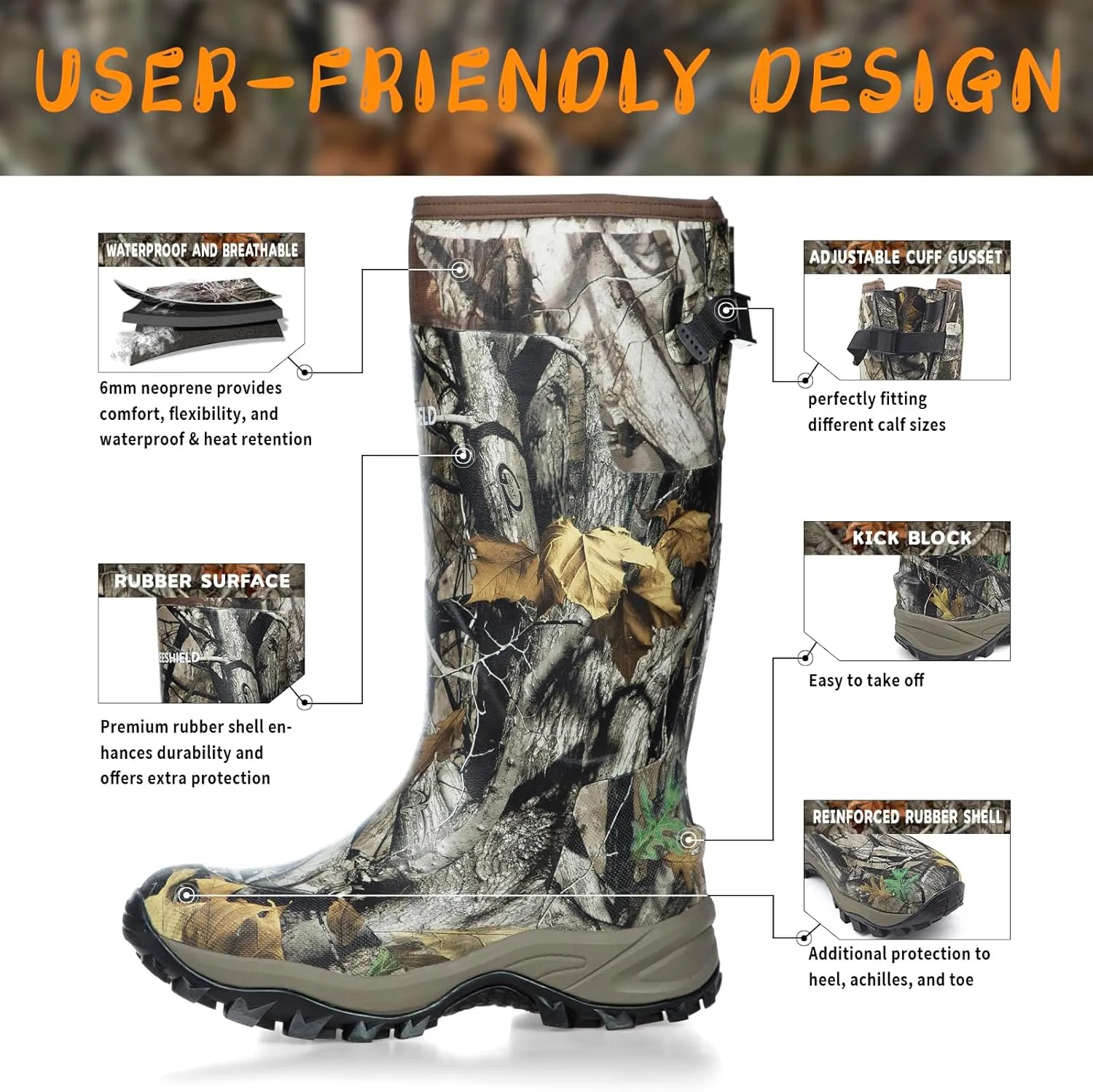 Breathable Insulated Next Camo G2 Warm Hunting Boots with Versatile Design - Durable Construction 6mm Neoprene Waterproof Rubber Boots for Men and Women Size 7 to 14