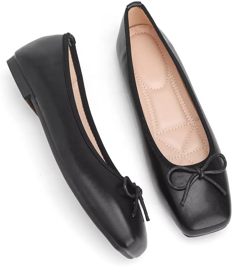 ChaiRong Zhou Women Square Toe Pu Leather Ballet Flats with Cute Bowknot Elegant Slip on Soft Support Daily Dress Office Driving Shoes