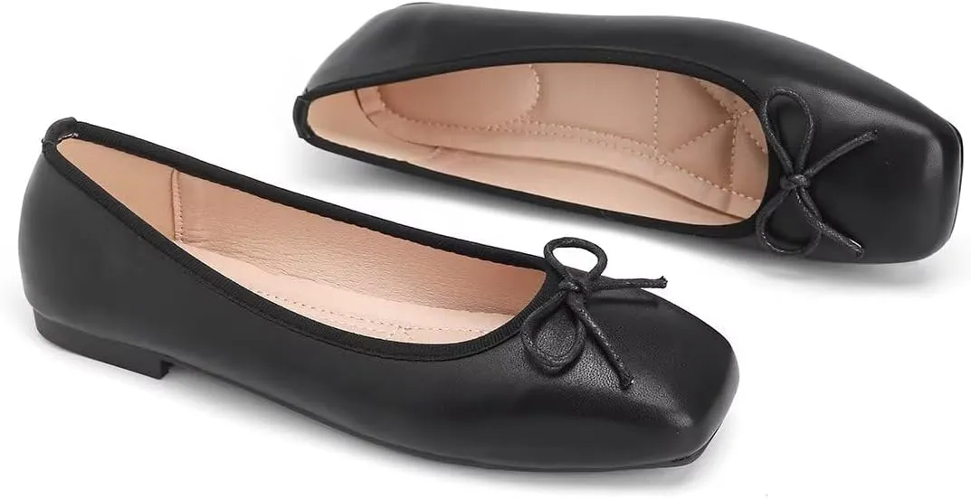 ChaiRong Zhou Women Square Toe Pu Leather Ballet Flats with Cute Bowknot Elegant Slip on Soft Support Daily Dress Office Driving Shoes