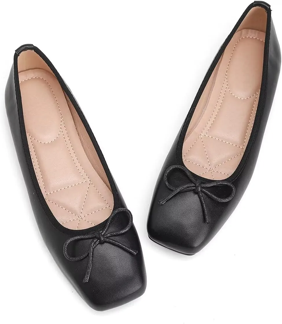 ChaiRong Zhou Women Square Toe Pu Leather Ballet Flats with Cute Bowknot Elegant Slip on Soft Support Daily Dress Office Driving Shoes