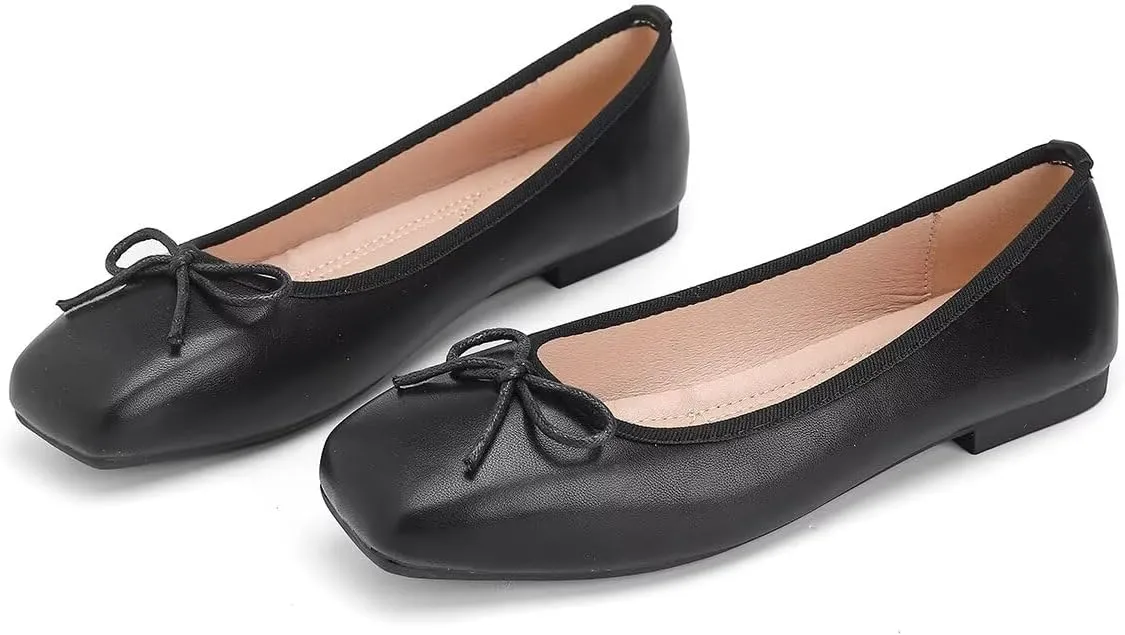 ChaiRong Zhou Women Square Toe Pu Leather Ballet Flats with Cute Bowknot Elegant Slip on Soft Support Daily Dress Office Driving Shoes