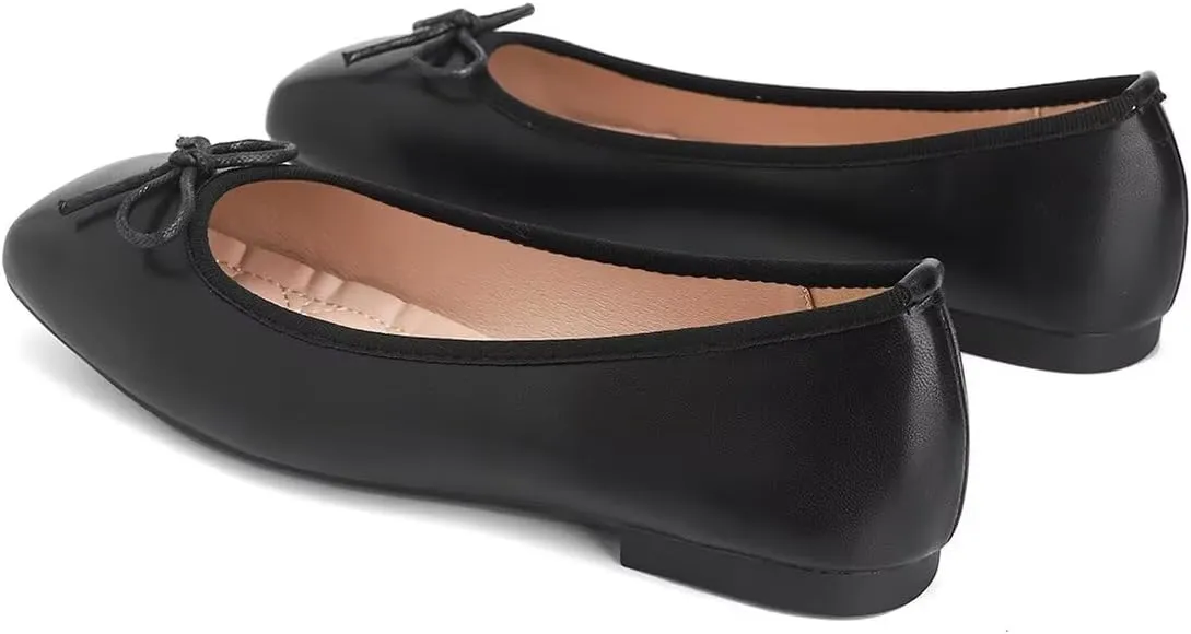 ChaiRong Zhou Women Square Toe Pu Leather Ballet Flats with Cute Bowknot Elegant Slip on Soft Support Daily Dress Office Driving Shoes