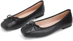 ChaiRong Zhou Women Square Toe Pu Leather Ballet Flats with Cute Bowknot Elegant Slip on Soft Support Daily Dress Office Driving Shoes