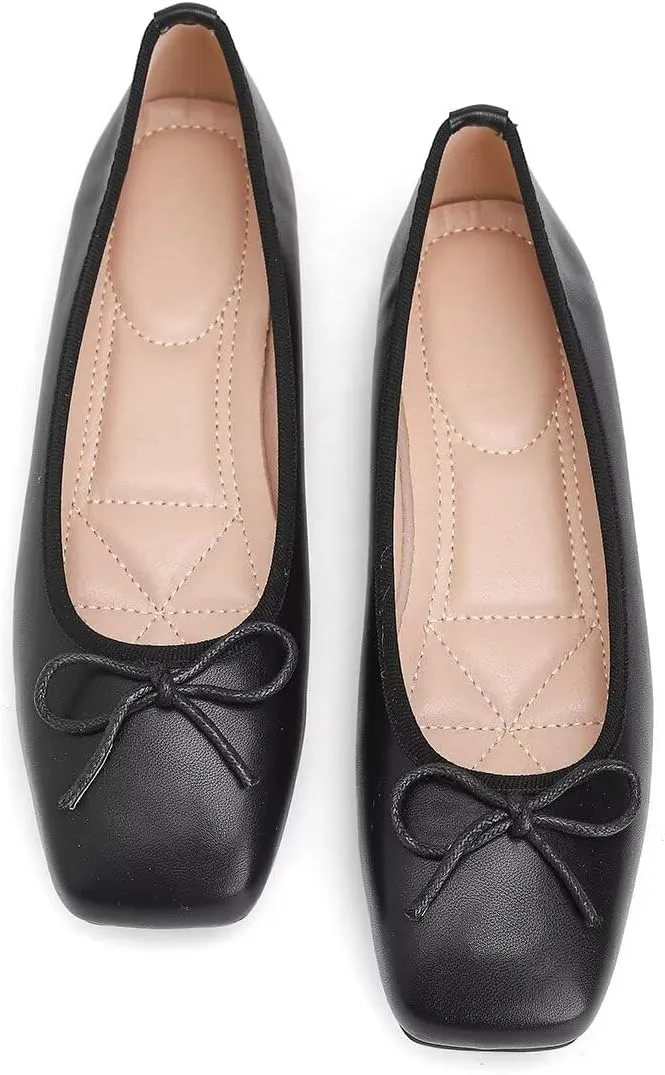 ChaiRong Zhou Women Square Toe Pu Leather Ballet Flats with Cute Bowknot Elegant Slip on Soft Support Daily Dress Office Driving Shoes