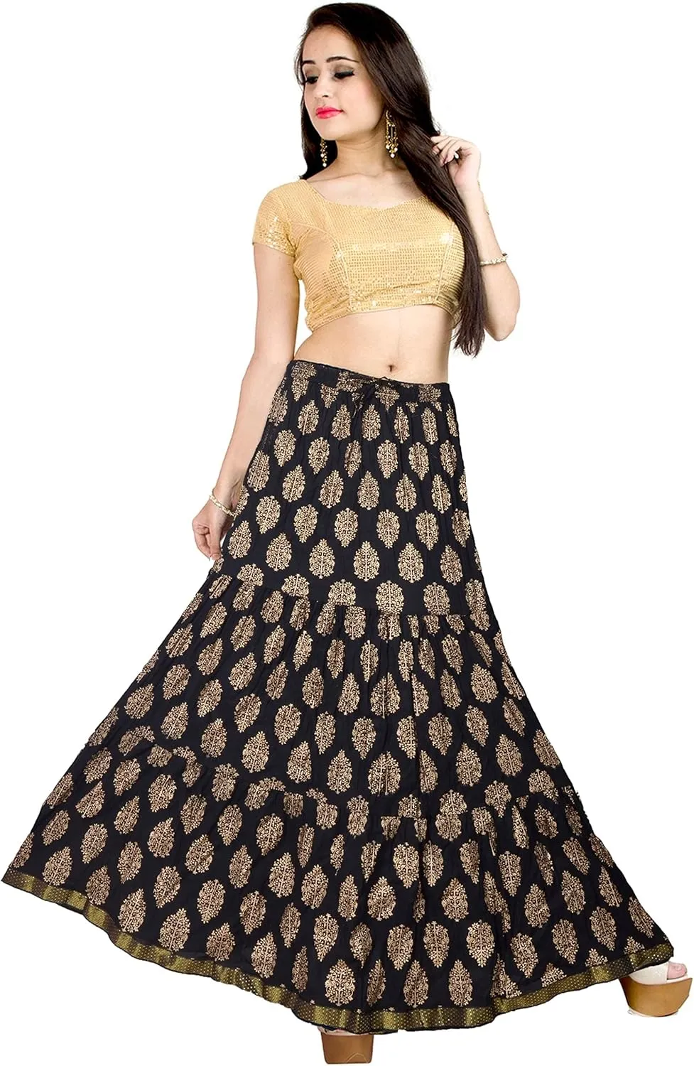 Chandrakala Flowy Long Skirt for Women A Line Casual Beach Party Holiday Maxi Skirts (S113-P)
