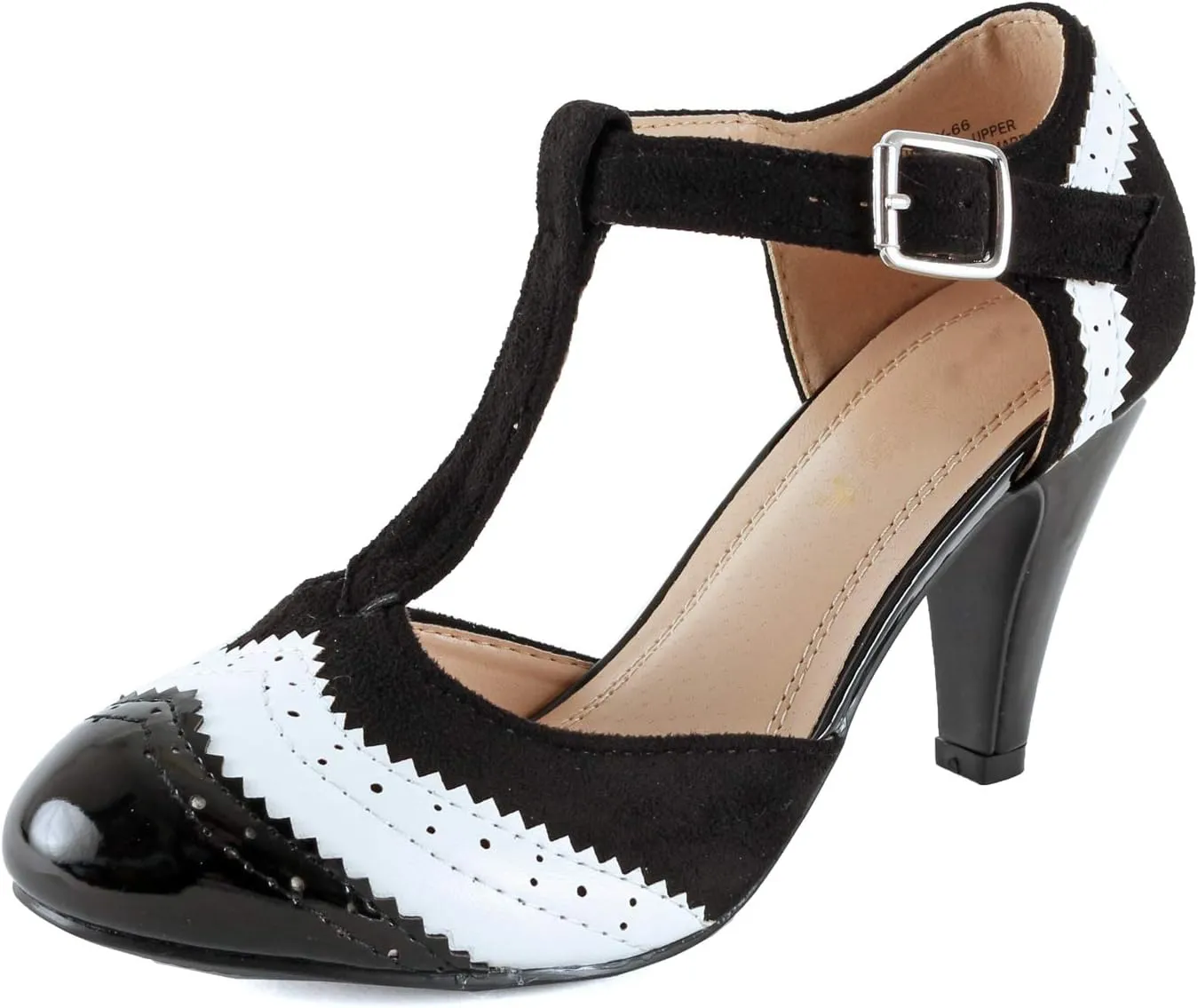 Chase & Chloe New Kimmy-36 Women's Teardrop Cut Out T-Strap Mid Heel Dress Pumps