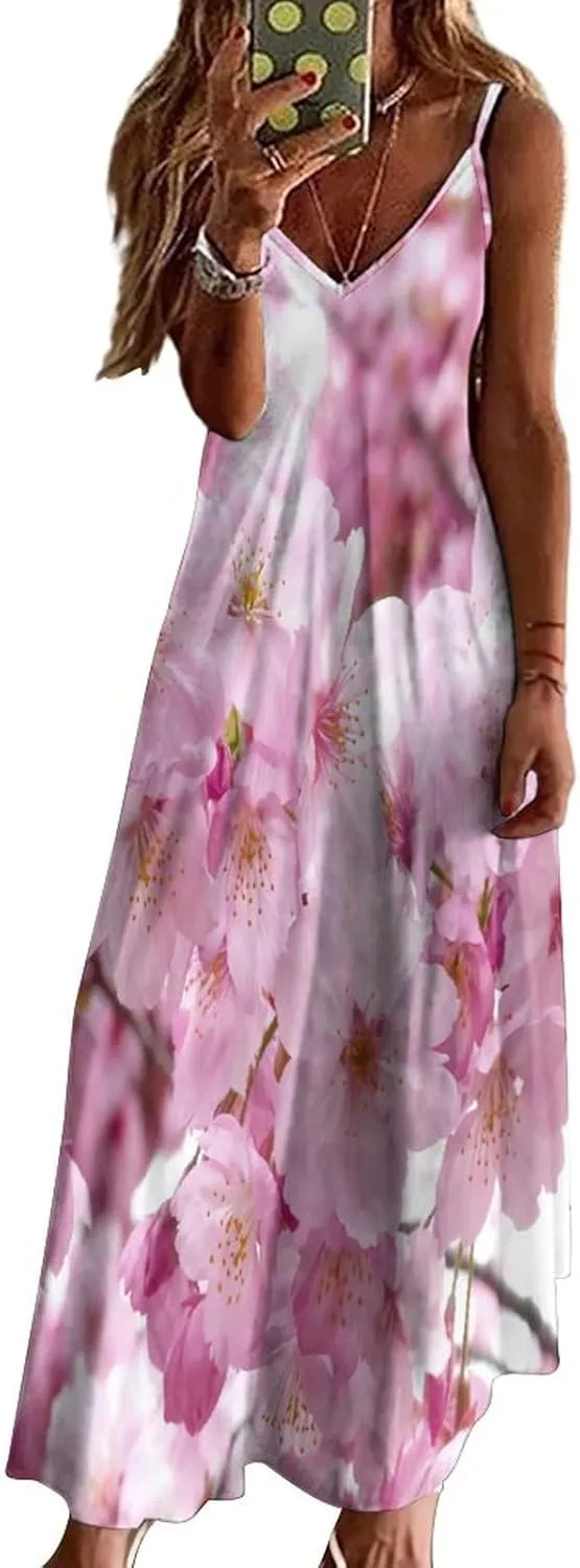 Cherry Blossoms Dresses for Women Sleeveless Maxi Long Dress Trendy Clothes Party Outfits