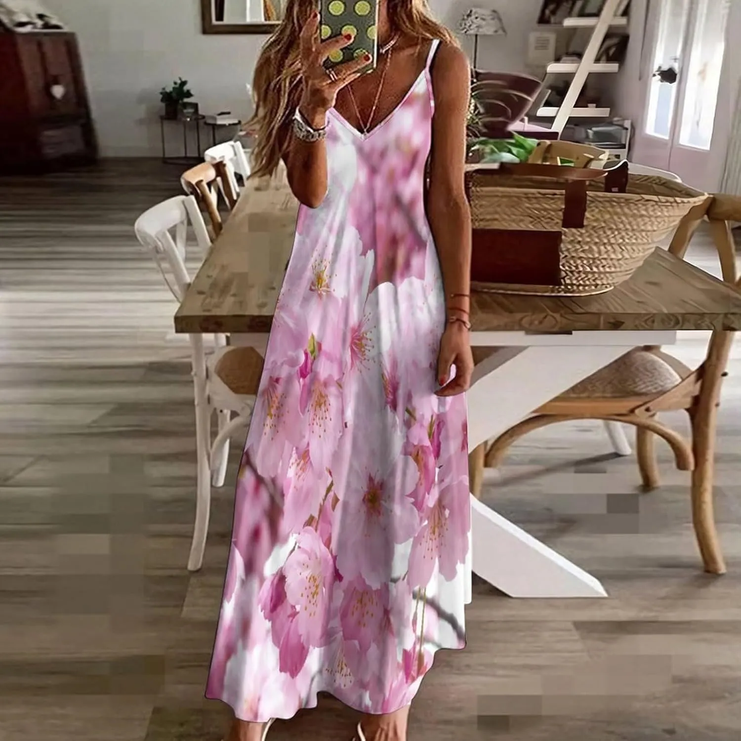 Cherry Blossoms Dresses for Women Sleeveless Maxi Long Dress Trendy Clothes Party Outfits