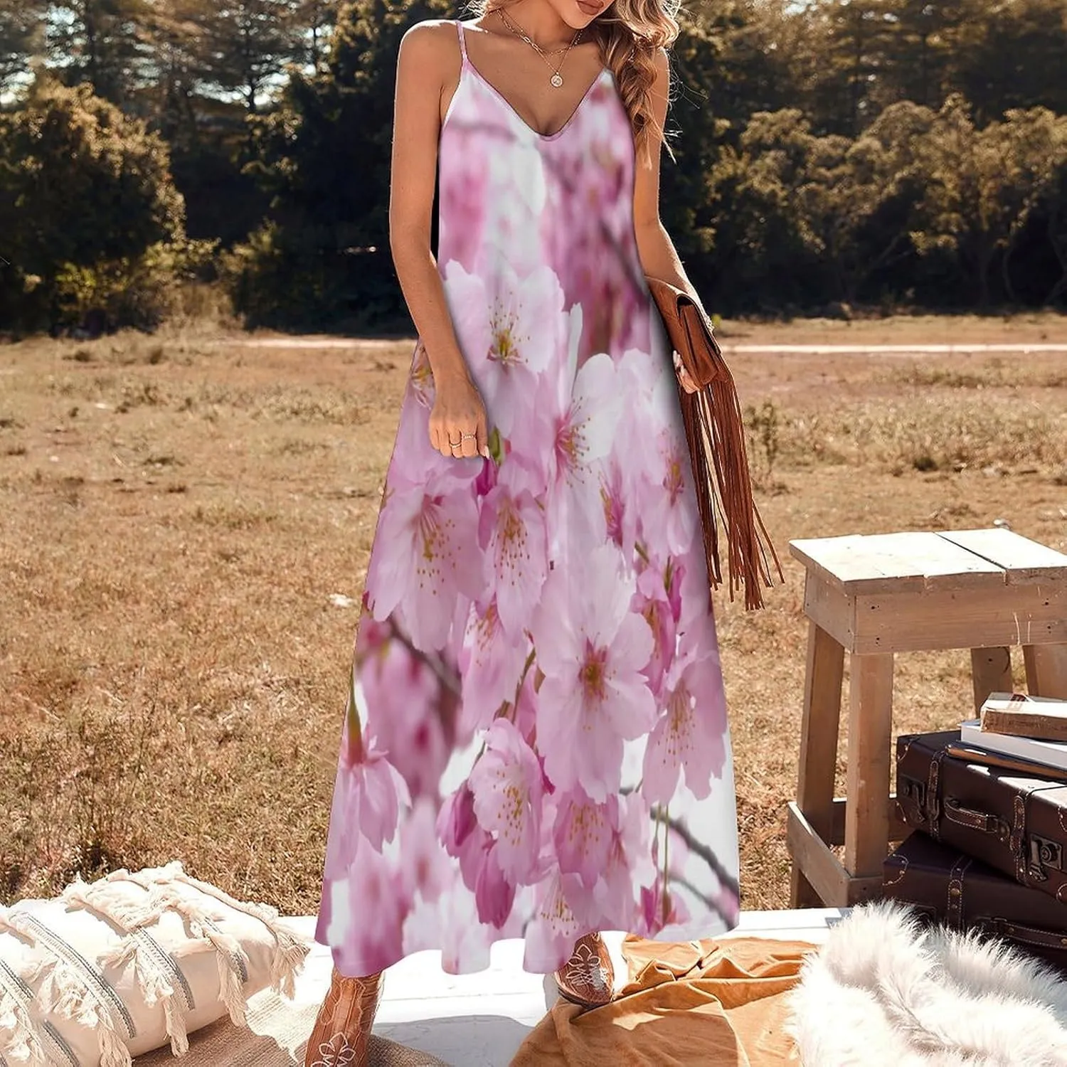 Cherry Blossoms Dresses for Women Sleeveless Maxi Long Dress Trendy Clothes Party Outfits